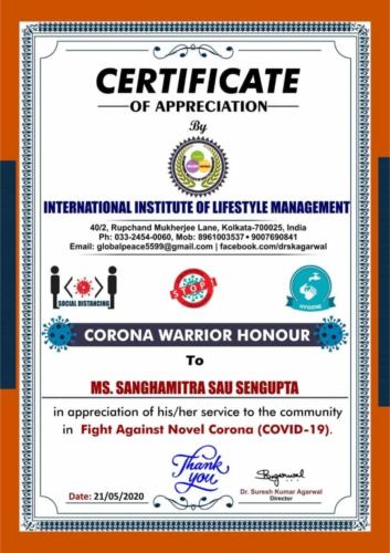 Certificate of Corona Warrior Honour by International Institute of Lifestyle Management