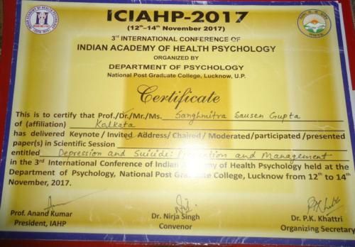 Speaker on topic-Depression and Suicide Management & Prevention at Indian Academy of Health Psychology International Conference