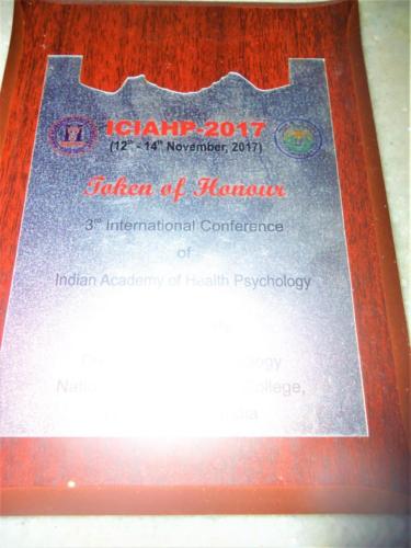 Token of Honour for the speaker on the topic Depression Management and Suicide Prevention at the International Conference of Indian Academy of Health Psychology