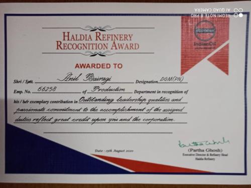 Our Novel Honorary Member Sri Anil Bairagi received the certificate of Honor from Indian Oil Corporation Limited (IOCL) for his Outstanding Leadership qualities and Passion towards his Commitment for his work and accomplishments in the organization.