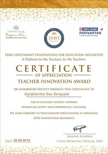Teacher Innovation Award By Sri Aurobindo Society