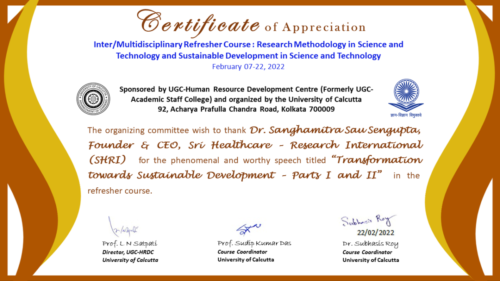 Sanghamitra Sau Sengupta (Founder, CEO & Head Psychologist of Sri Healthcare-Research International (SHRI) felicitated by Calcutta University for her Speech on Transformation towards Sustainable Development I & II in the Refresher Course by Dept. of Chemical Engineering, Calcutta University