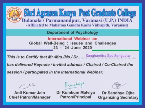 Sanghamitra Sau Sengupta, Founder of our organization, recently spoke in the International Webinar on Global Well-being: Issues and challenges organized by Shri Agrasen Kanya Post Graduate College